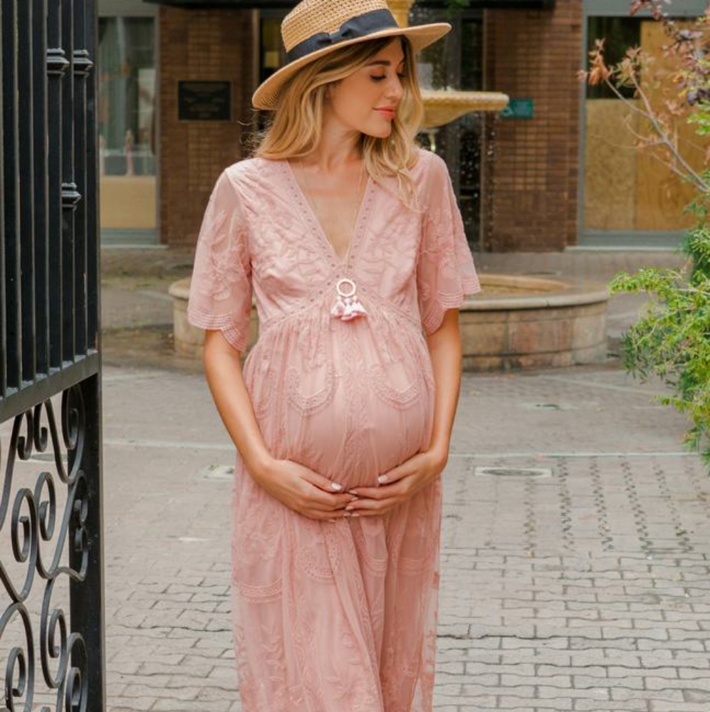 Light Pink Lace Mesh Overlay Maternity Maxi Dress